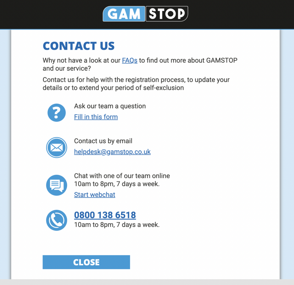Screenshot: How to Contact GamStop Customer Support