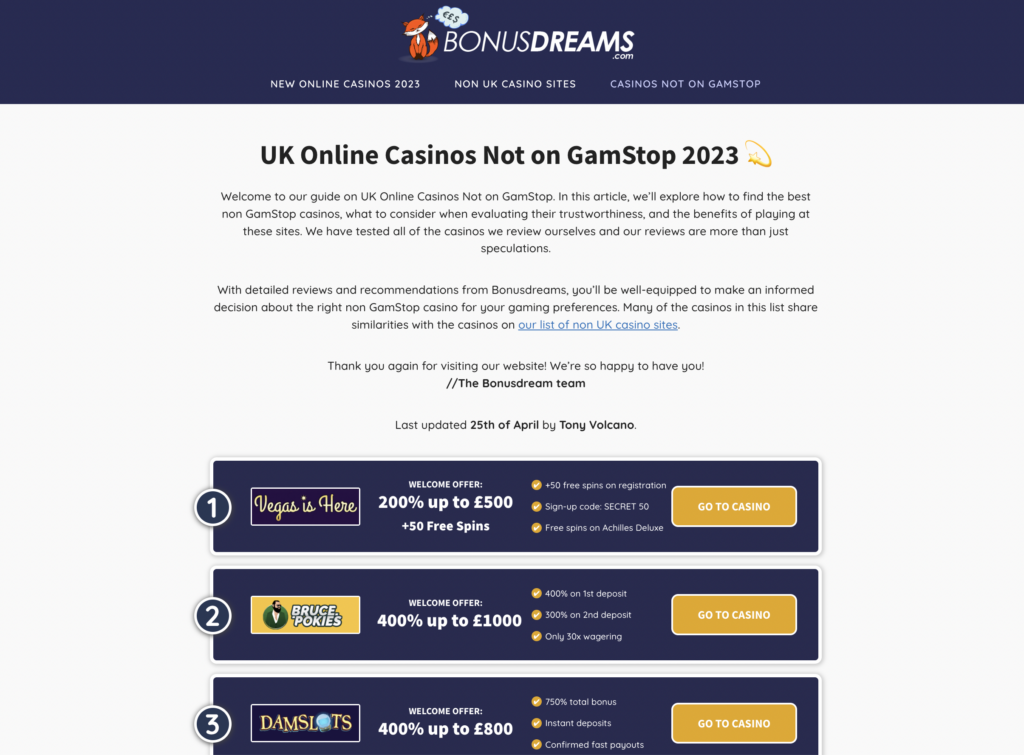 Screenshot of UK online casinos not on gamstop guide
